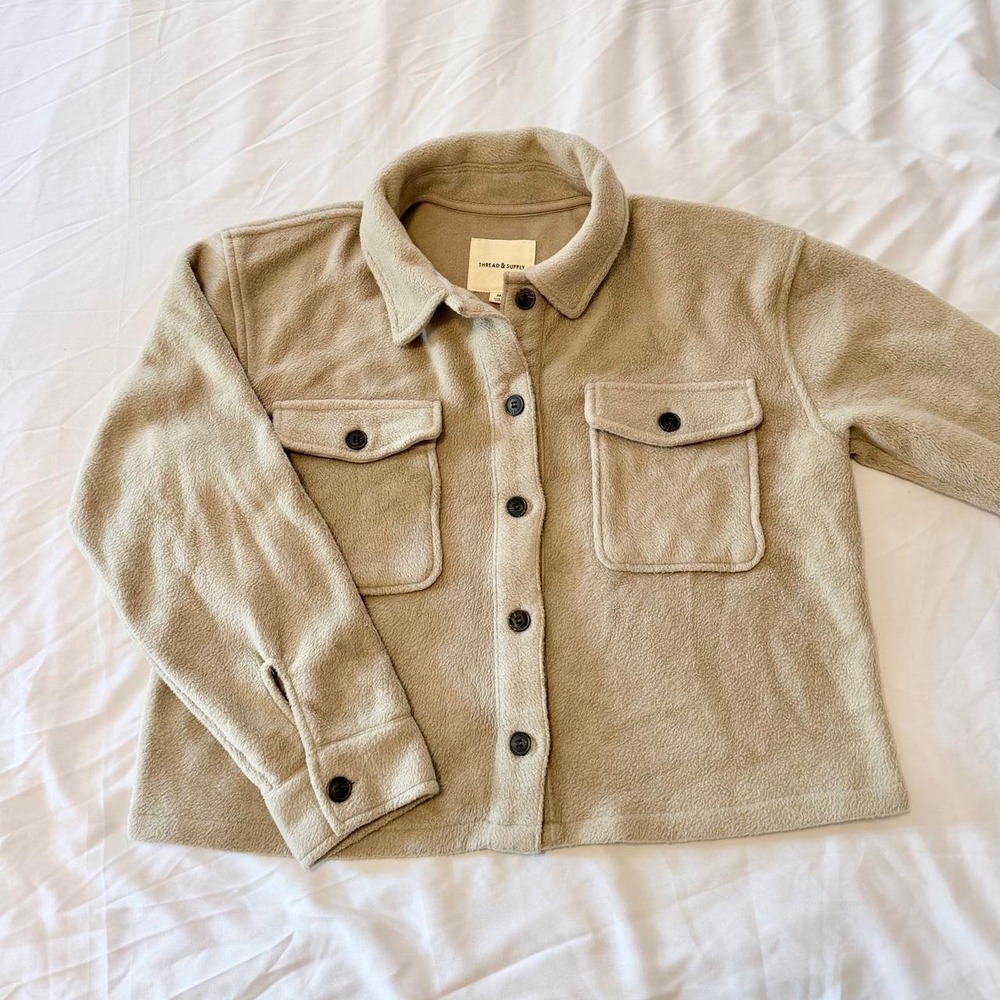 Thread & Supply Tan Fleece Cropped Shacket Button Front Jacket Tan Medium